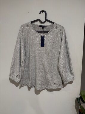 Adrienne Vittadini Silver Sparkle Button-Shoulder Pullover